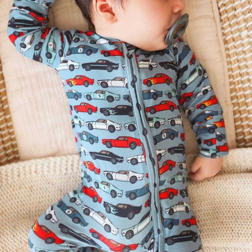 Posh Peanut Race Car Print Miles Footie Zippered One Piece 0-3 Mos